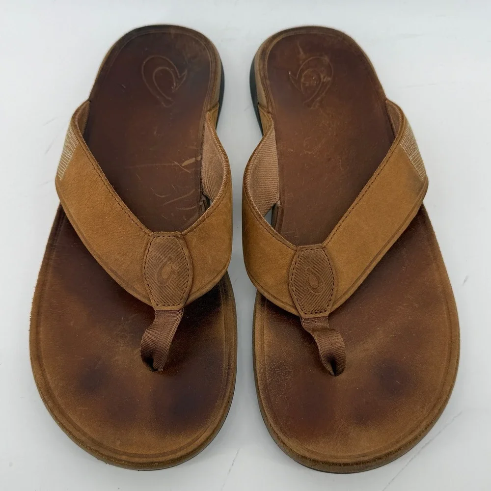 OluKai Tuahine Waterproof Leather Flip Flop Sandals Brown Men 13 Comfort Casual